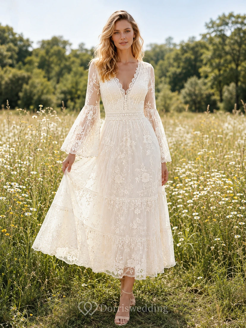 Boho V Neck Lace Bell Sleeve Tea Length Meadow Wedding Dress