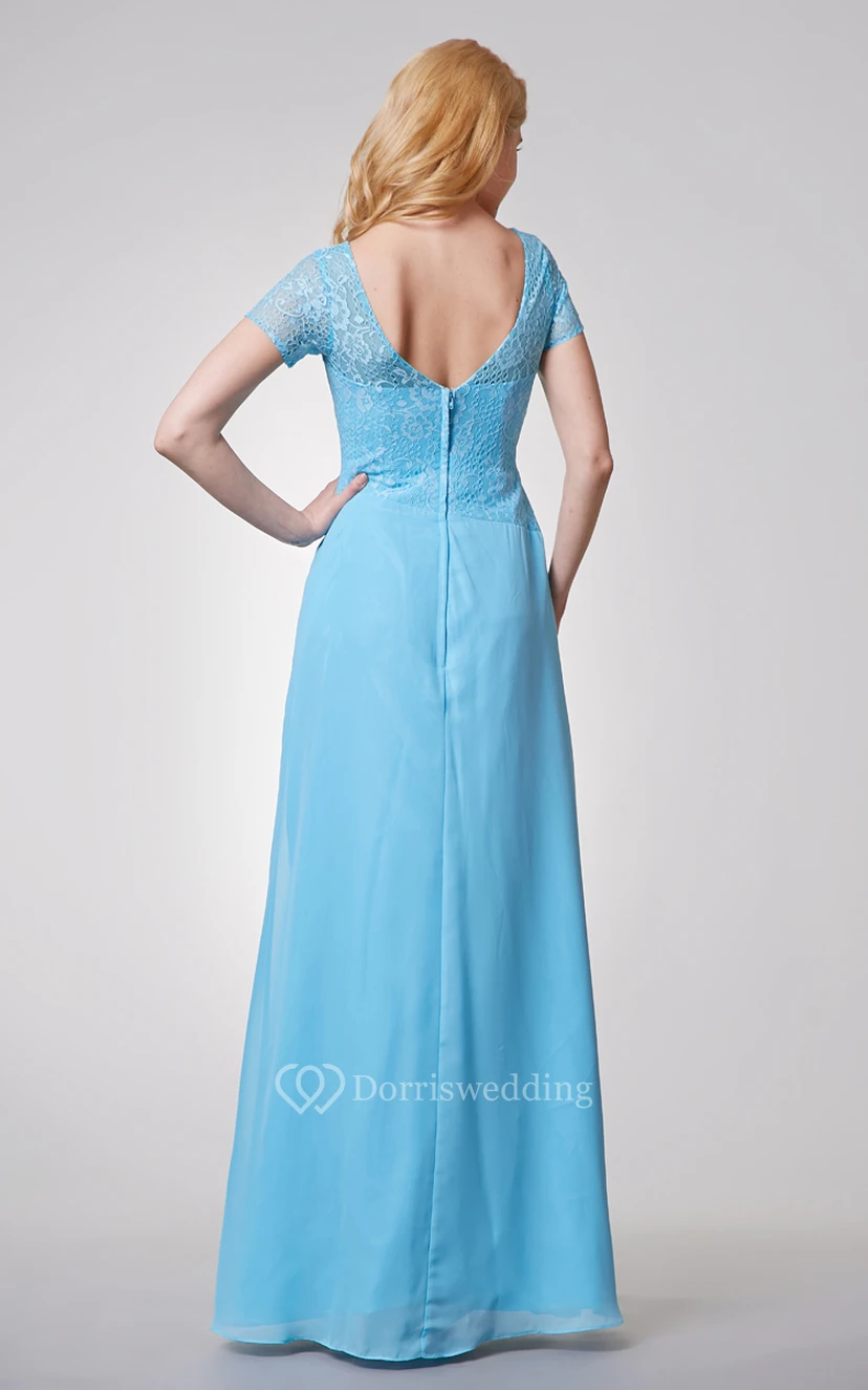 Special Neckline Long Chiffon Dress With Lace Top view 3