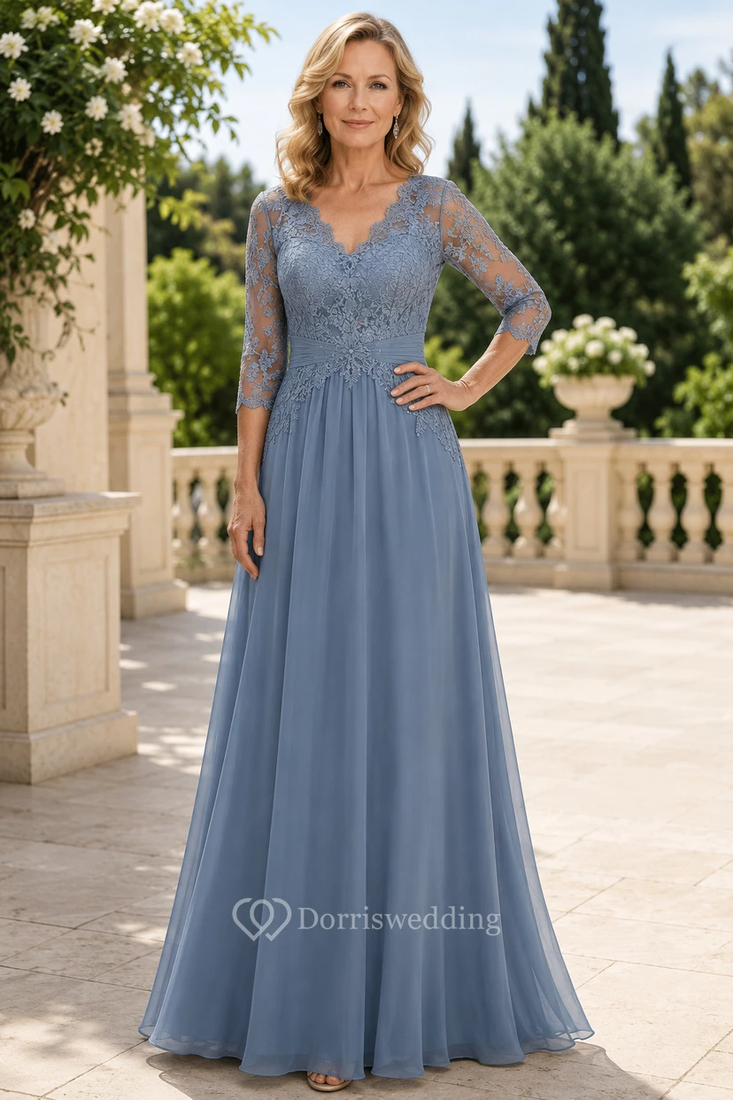 MOB-Kleid aus stahlblauem Chiffon mit Spitze, A-Linie, 3/4-Ärmeln, V-Ausschnitt, bodenlang, plissiert