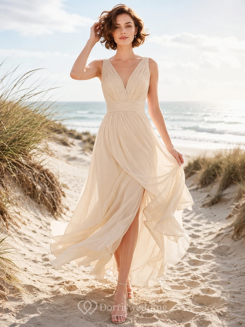 Vestido de novia de gasa fruncida con escote en V y abertura lateral para fugarse a la playa
