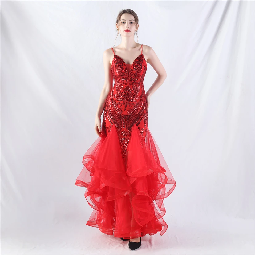Vestido de actuación para celebración de baile caliente con cuentas de flores y posicionamiento de red rígida. video preview
