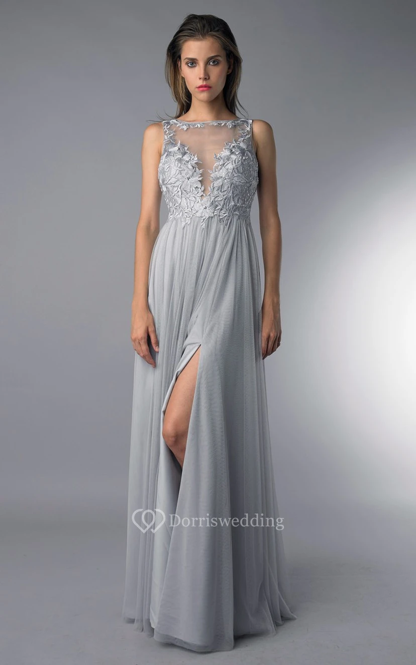 A-line Floor-length Jewel Sleeveless Tulle Low-V Back Dress view 9