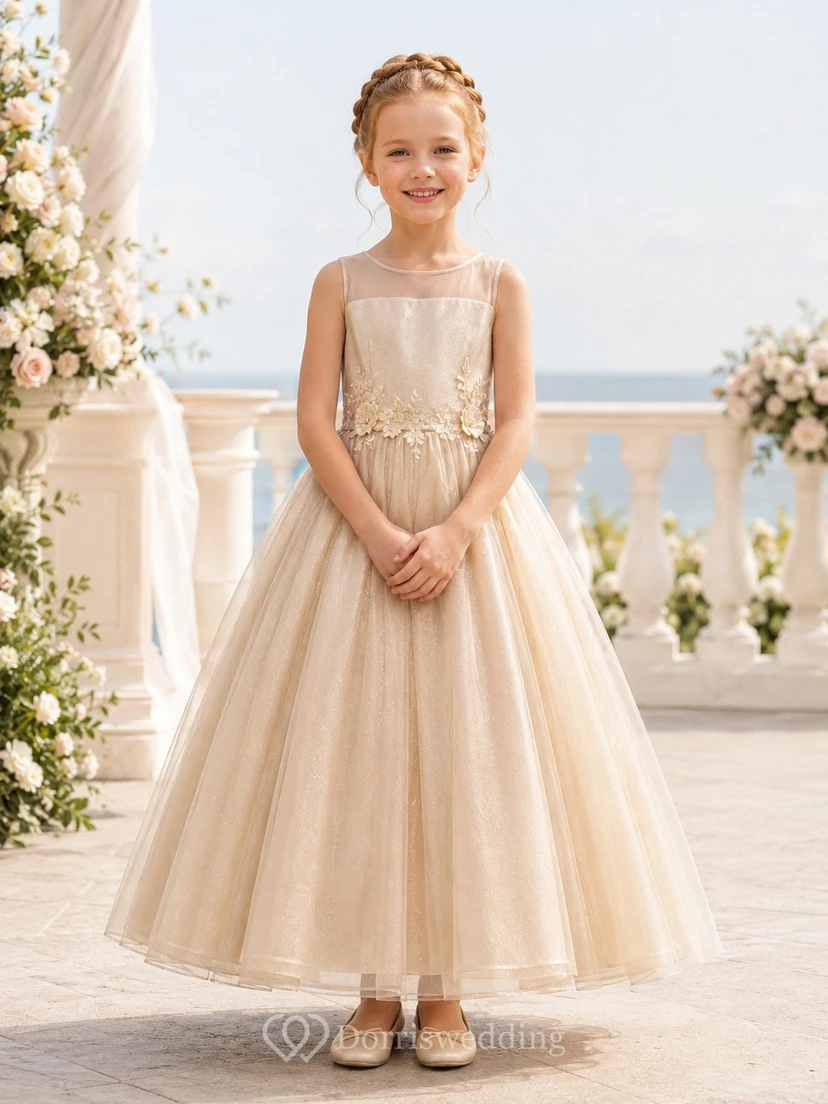 Champagne Square Neck Sleeveless Tulle A-Line Tea-length Romantic Flowergirl Dress