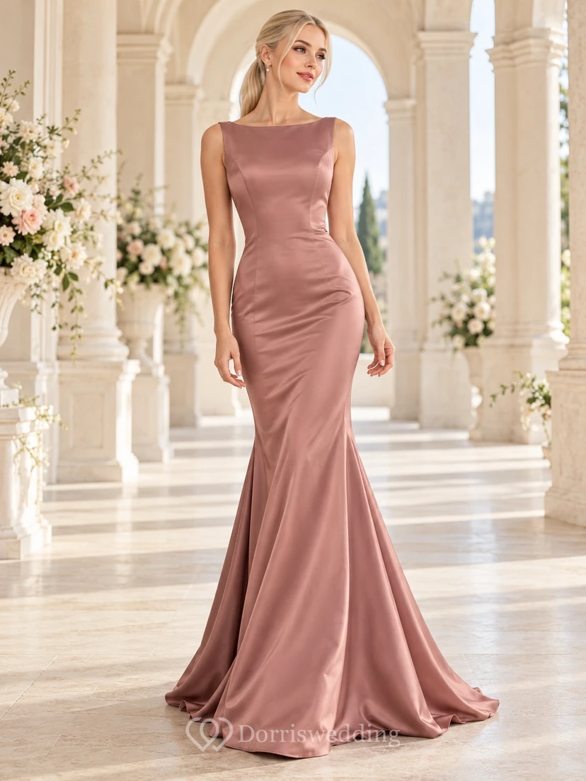 Simple Dusty Rose Boat Neck Satin Sleeveless Mermaid Evening Gown