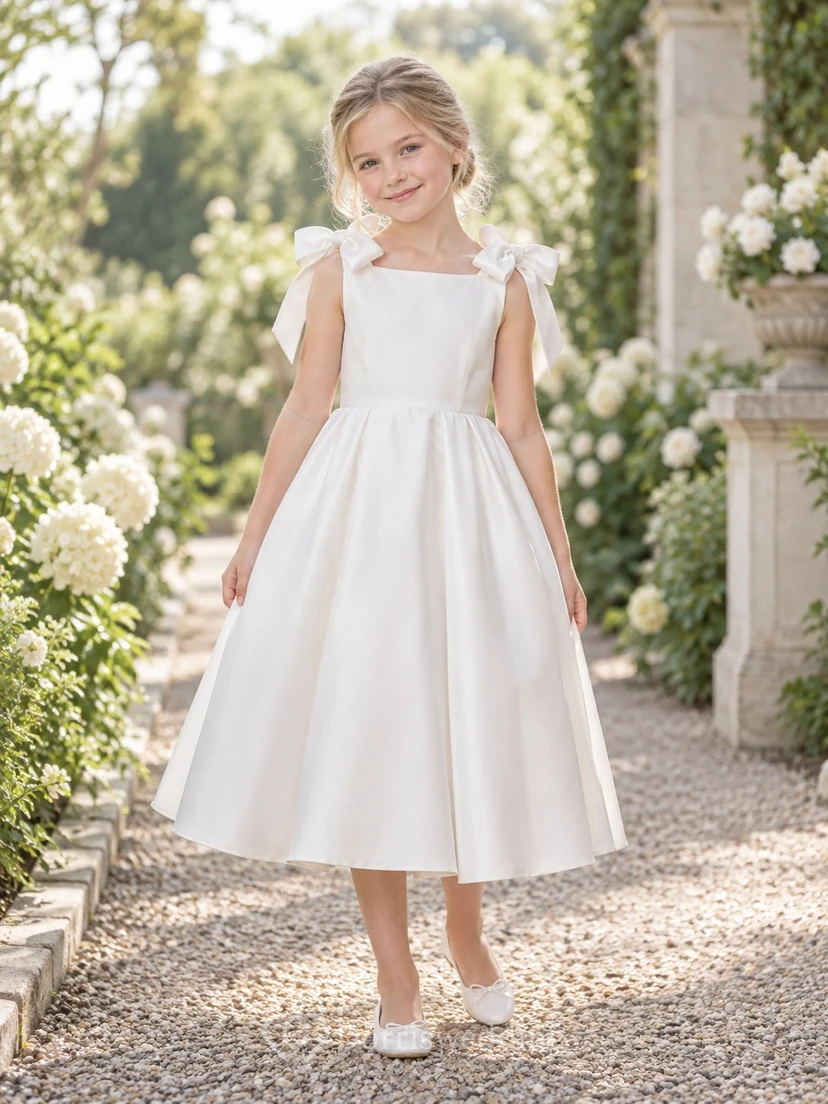 Simple Tea-length Square Neck White Sleeveless Shoulder Bow Gathered Satin Natural Waist Flowergirl Dress