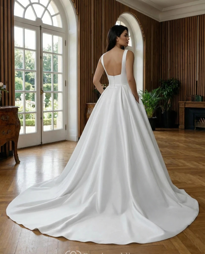 Minimalist Satin Ball Gown Wedding Dress with Square Neckline view 2