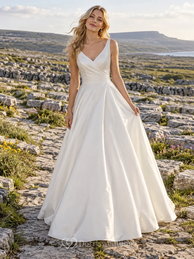 Vestido de novia sencillo de corte A con escote en V y sin mangas, de tafetán fruncido.