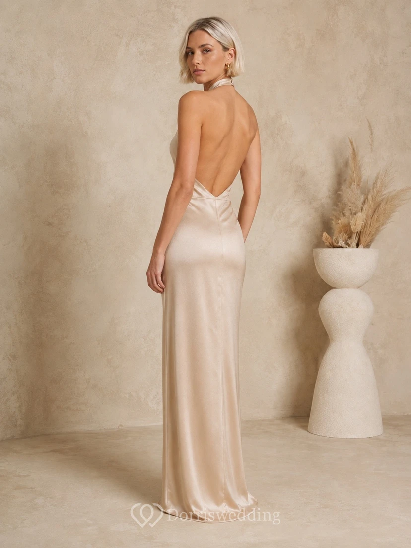 Ivory Halter Neck Sleeveless Stretch Satin Sheath Floor Evening Dress view 2