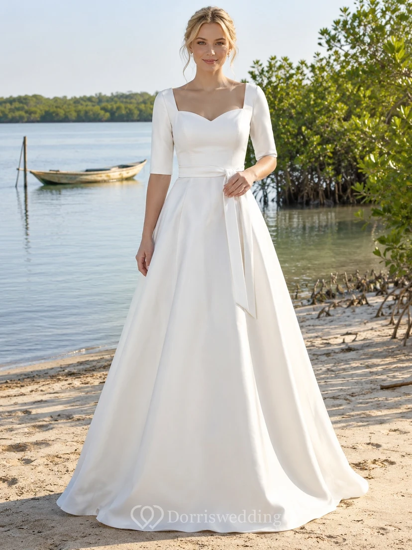 Vestido de novia sencillo de playa con escote corazón, manga corta, satén, corte en A y espalda baja