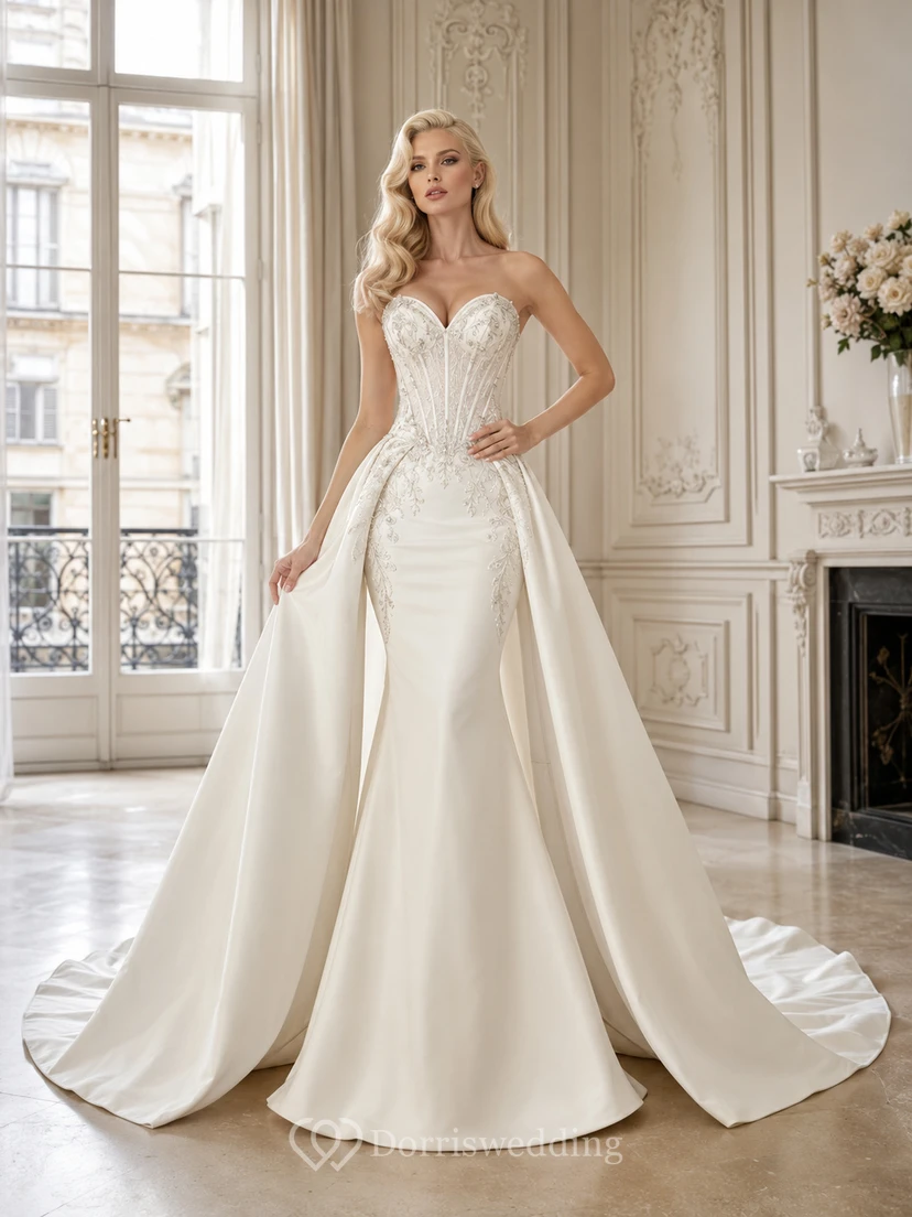 Robe de mariée impeccable en satin et dentelle, bustier cœur, traîne cathédrale, galerie de robes de mariée