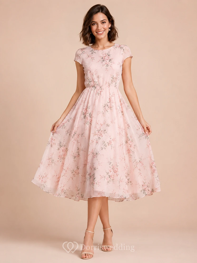 Blush Floral Cap Sleeve Tulle Occasion Tea Dress