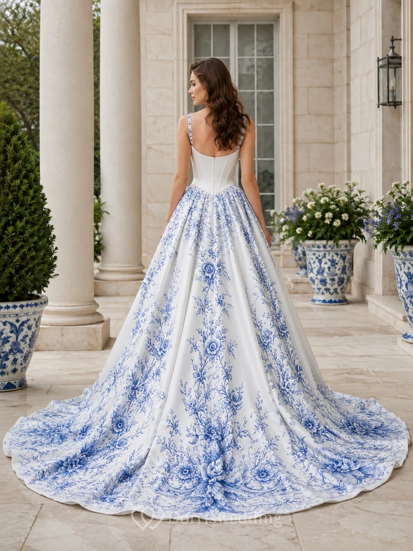 Himmelblaues, botanisches A-Linien-Brautkleid mit Rundhalsausschnitt, ärmellos, aus Spitze und Tüll view 2