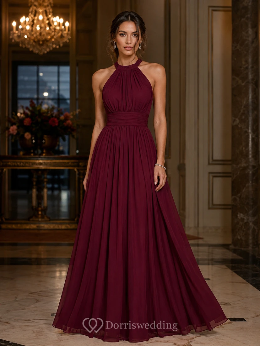 Burgundy Halter Chiffon A-Line Formal Gown