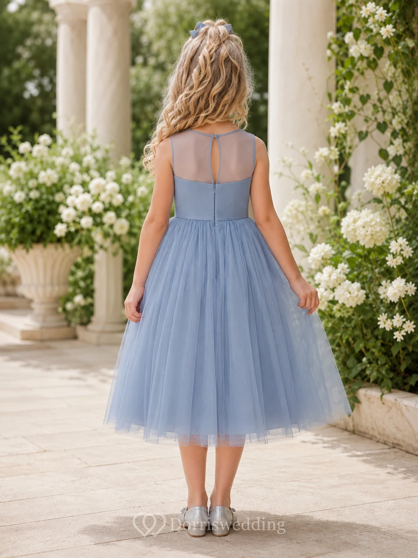 Pastellfarbenes Tüllkleid mit Applikationen am Oberteil, A-Linien-Schnitt, kurzen Ärmeln, Rundhalsausschnitt und wadenlangem Rock für Blumenmädchen. view 2