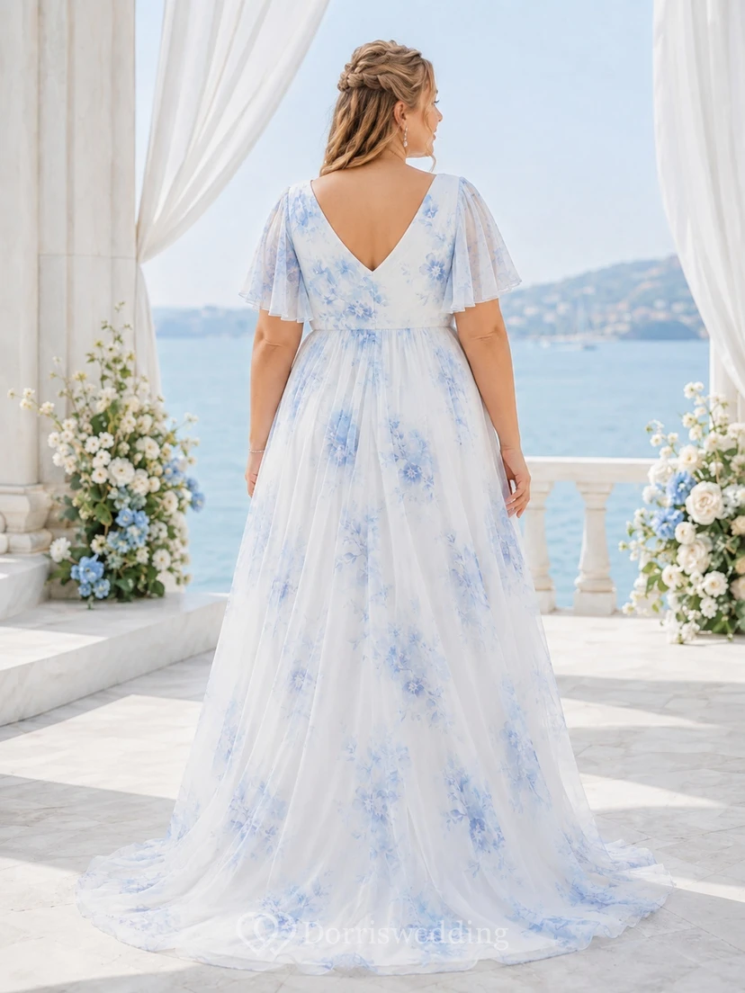 Himmelblaues, luftiges Chiffon-Brautkleid im Boho-Stil in Übergröße, A-Linie, V-Ausschnitt, flatternde Ärmel view 2