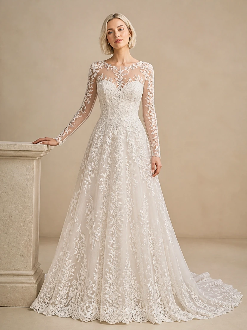 Elegante vestido de novia de capilla con escote en V profundo en la espalda y mangas largas para novias mayores