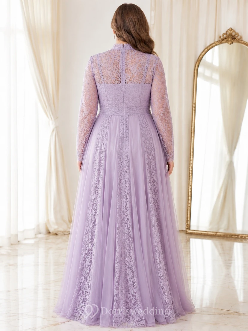 Elegant Lavender V-neck Long Sleeve A-line Lace Formal Evening Dress view 2