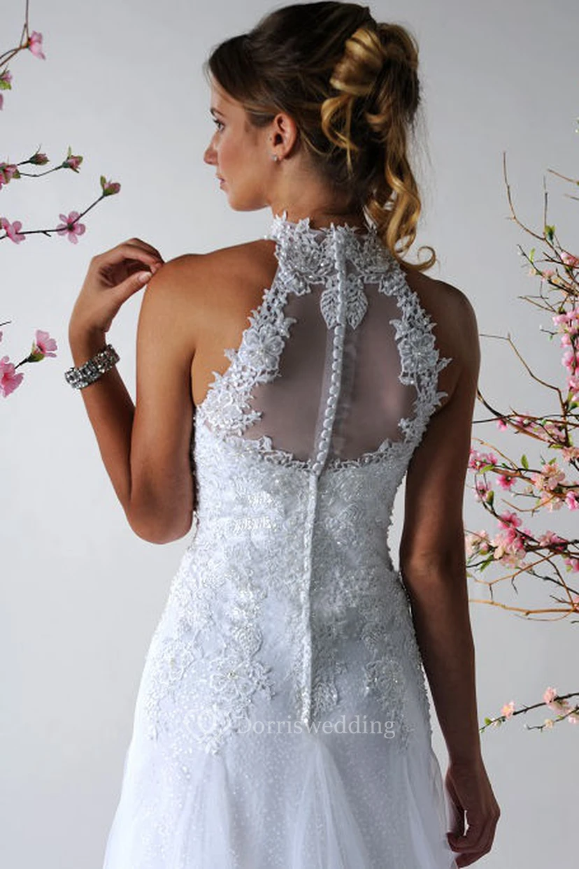 Halter Style Bridal Gown With Appliqued Top And Tulle Skirt view 2