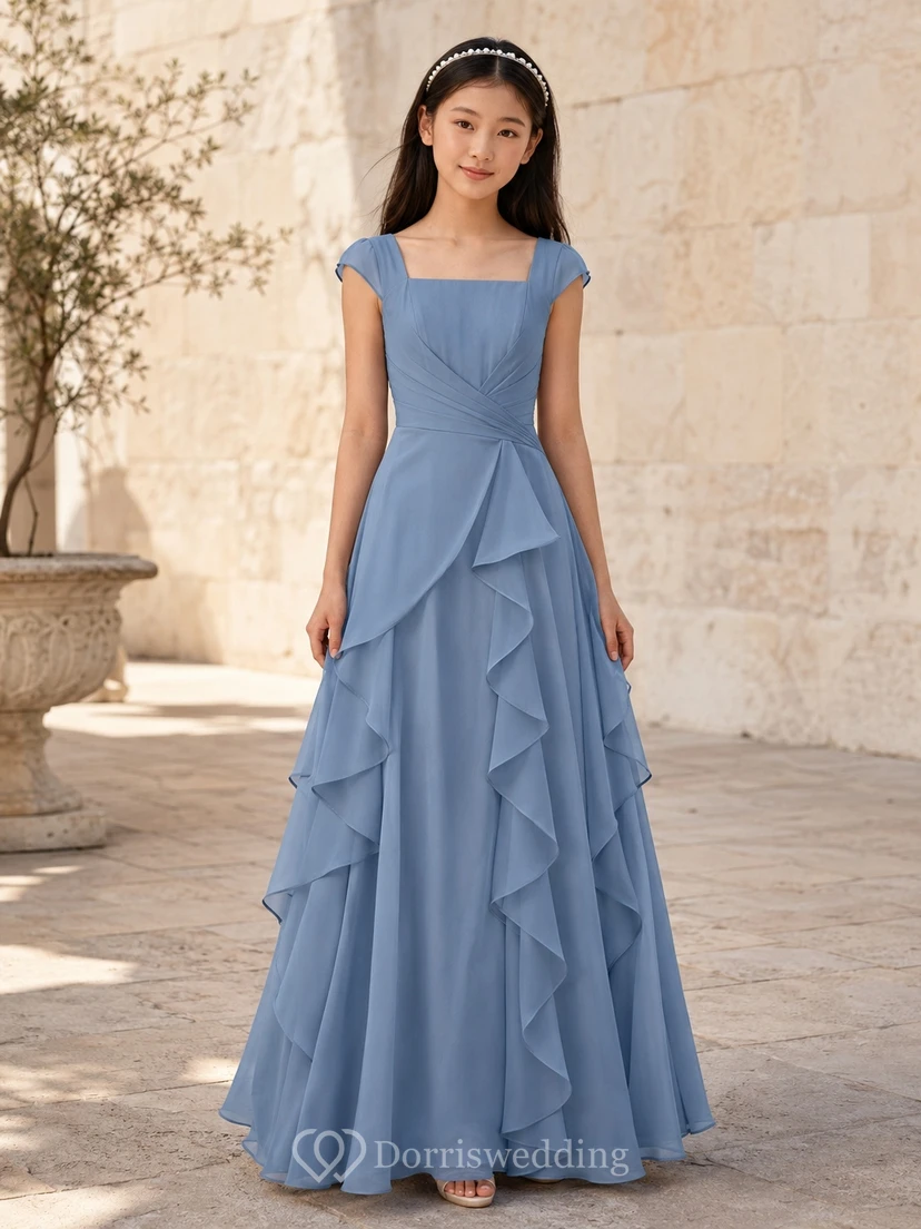 Stahlblaues Brautjungfernkleid für junge Damen, A-Linie, eckige kurze Ärmel, Chiffon, Kaskadenrüschen, romantisch