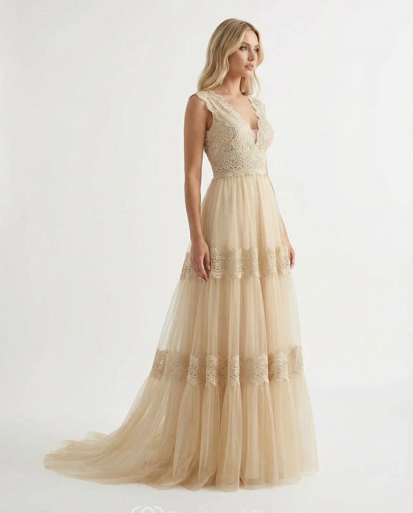 Whimsical Boho V-Neck Lace and Tulle Wedding Dress with Tiered Skirt view 6