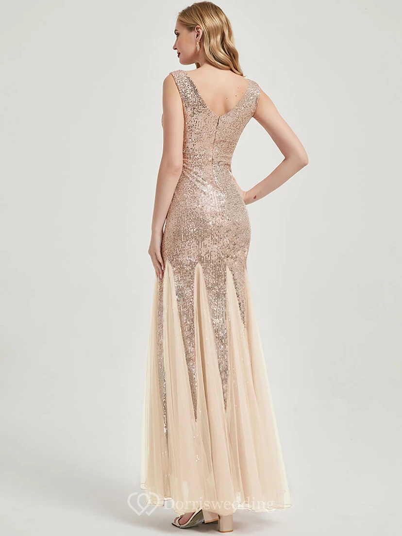 Sequin Sheath Pleated Sleeveless Party Floor-length Prom Dress view 2