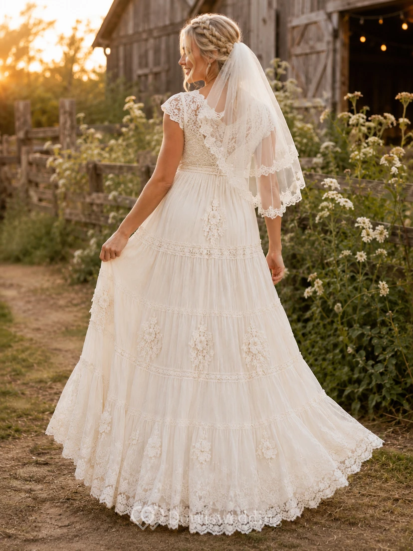 Maternity Cap Sleeve Lace Tiered Rustic Wedding Dress view 2