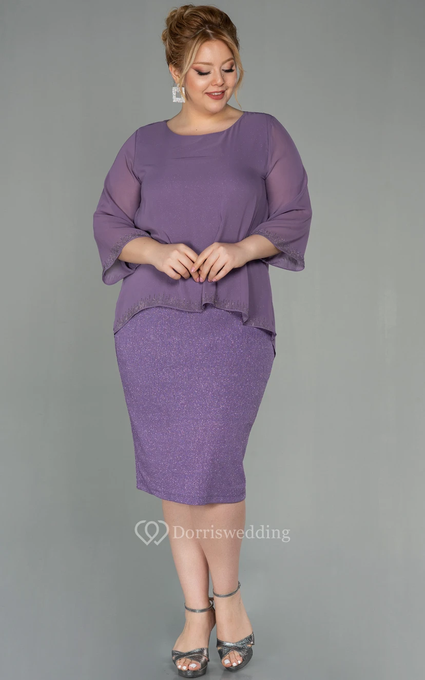 Bateau-neck Long Sleeve Pencil Knee-length Sequin Plus Size Mother of Bride Dress view 7