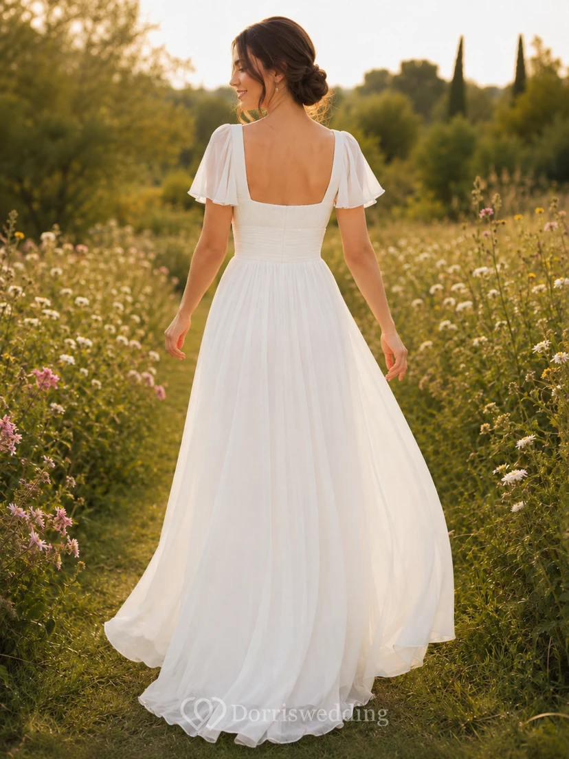 Robe de mariée d'été en mousseline respirante, col carré, manches papillon, coupe trapèze, col carré view 2