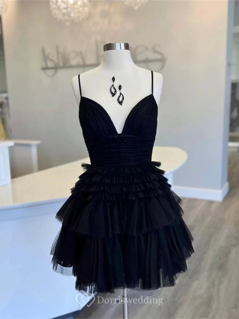 Navy Blue V-Neck Ruffle Evening Dress view 4