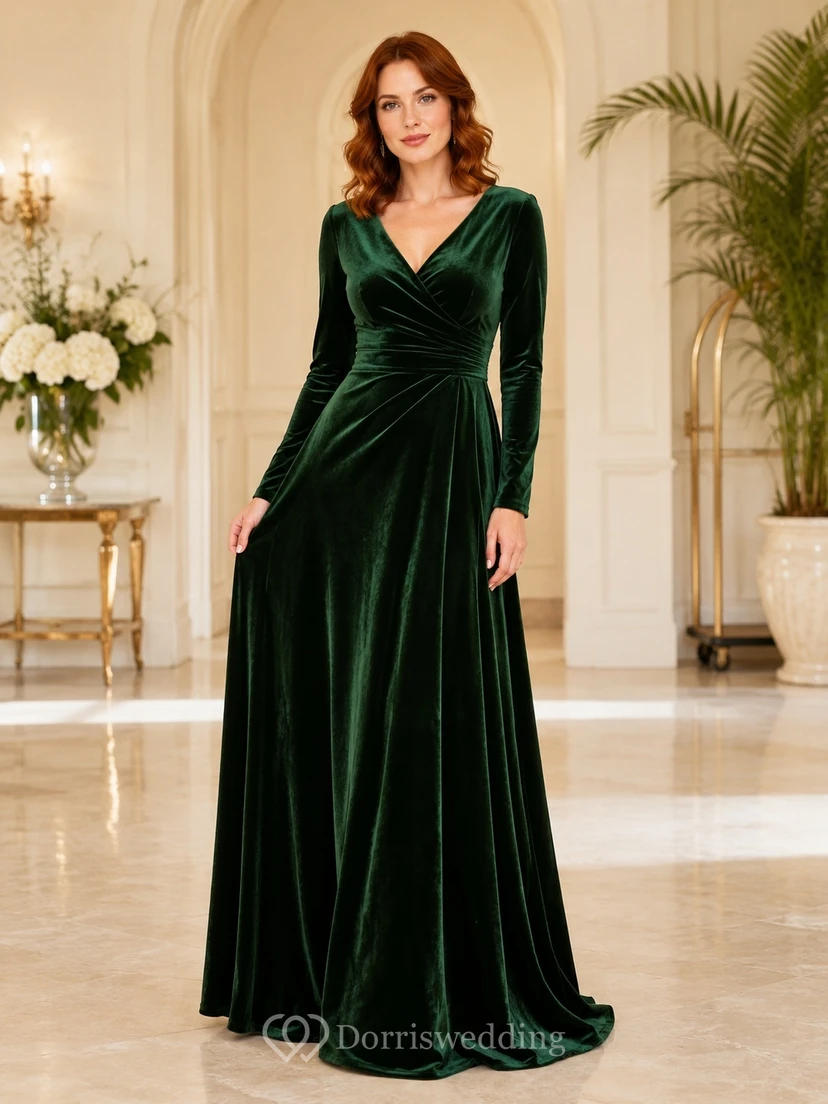 Modest Dark Green Long Sleeve V-Neck Velvet A-Line Floor-Length Evening Gown