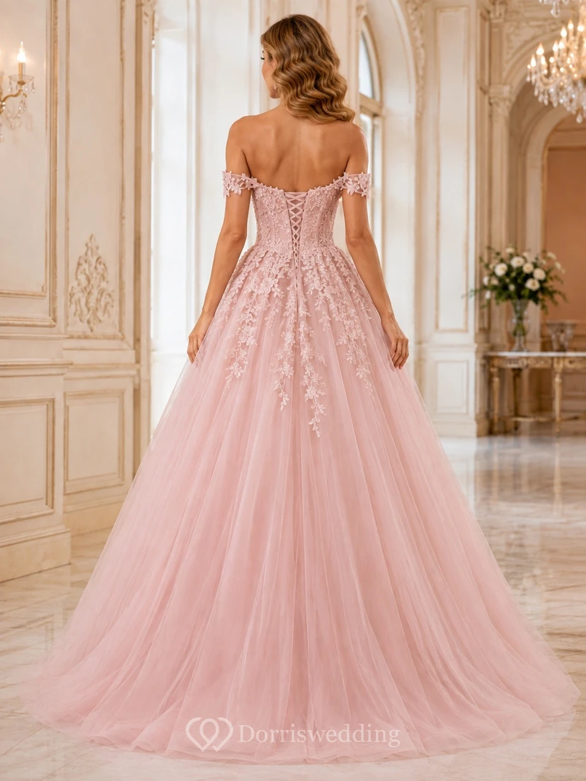 Pink Off Shoulder Tulle Princess Ball Gown Formal Dress view 2