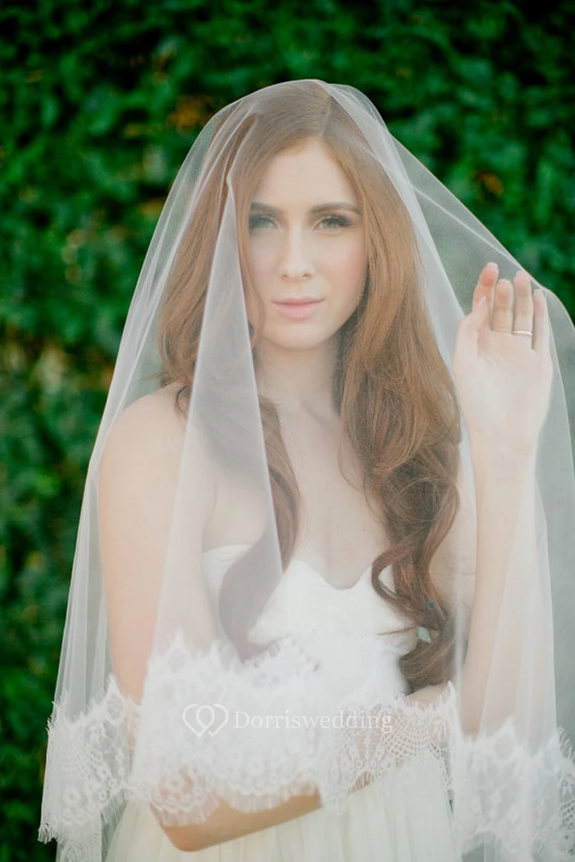 Lace Applique Long Trailing Soft Veil with Lace Edge view 2