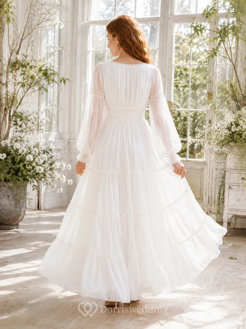 Bohemian V-Neck Balloon Sleeve Tiered Chiffon A-Line Floor-Length Wedding Dress view 2