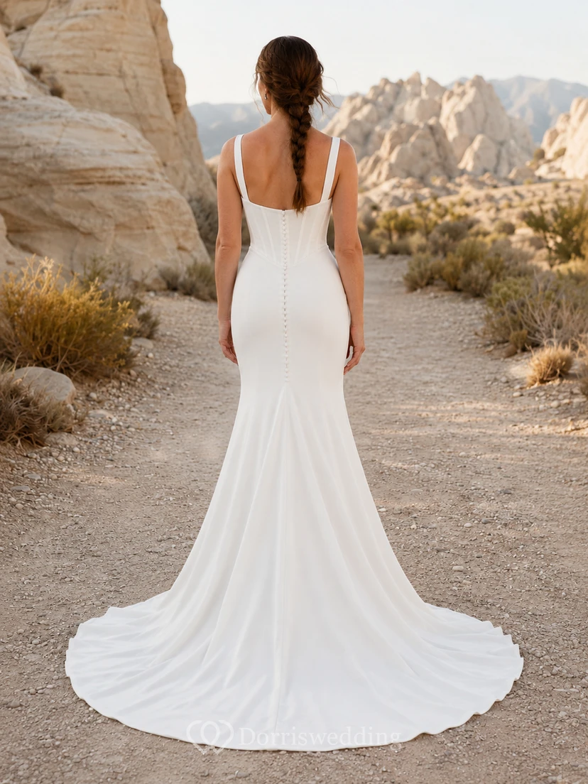 Robe de mariée sirène en satin à col carré et bretelles larges, boutonnée, style western, avec encolure carrée et boutons. view 2
