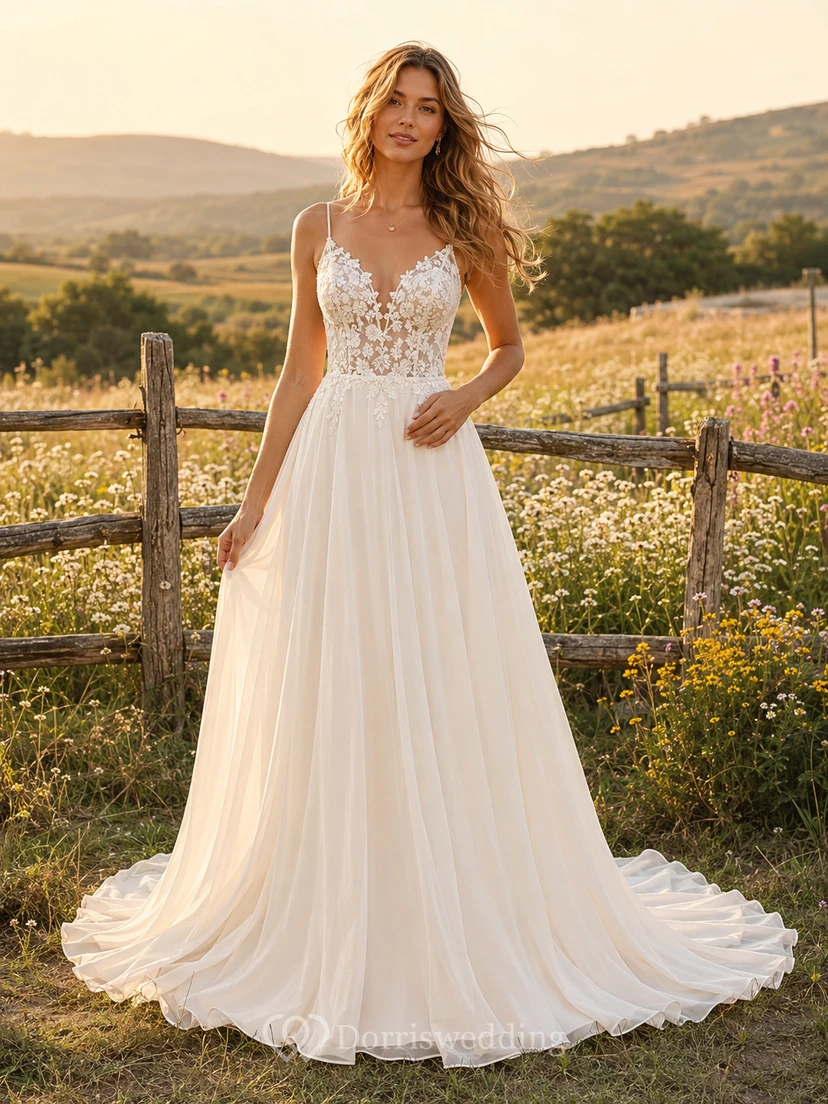 Vestido de novia campestre de gasa y encaje, corte A, escote en V, sin mangas, cola de capilla, espalda baja en V.