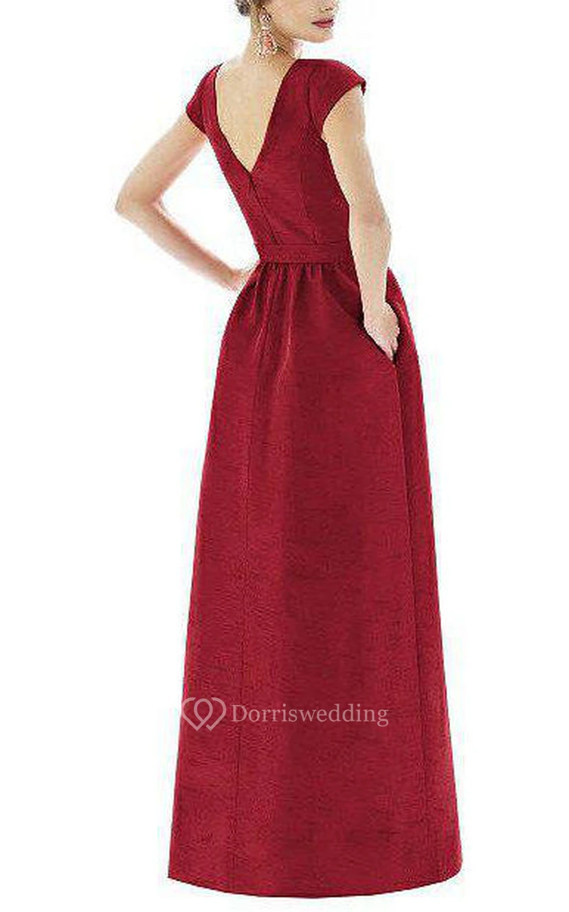 Modest Satin Short Sleeve Long Bridesmaid Dress with Bow view 2