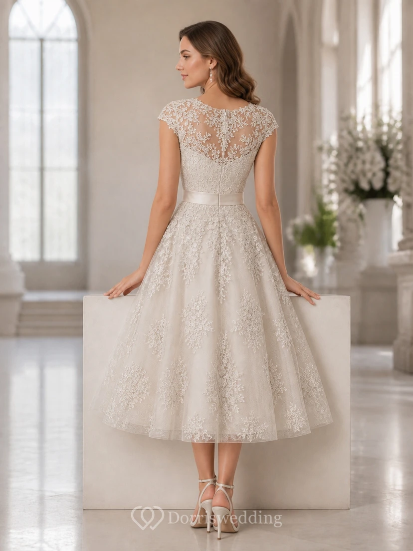 Vintage Teelänge A-Linien-Hochzeitskleid mit hohem Kragen, floraler Spitze view 2