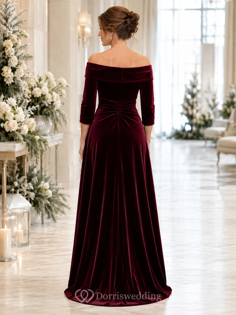 Burgundy velvet off shoulder three quarter sleeve mother gown view 2