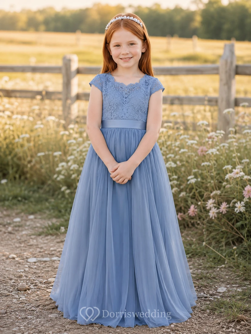 Lace Bodice Tulle A-Line Flower Girl Dress with Short Sleeves, Jewel Neck and Tea-Length Skirt