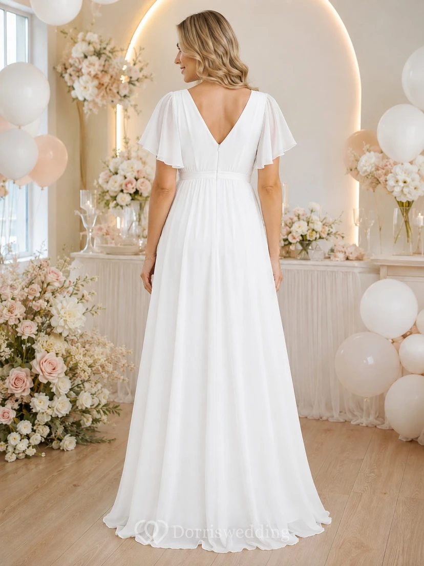 Weißes Chiffon-Umstandskleid mit V-Ausschnitt, kurzen Ärmeln, Empire-Schnitt, A-Linie, bodenlang, romantisch-elegant, Gartenkleid view 2