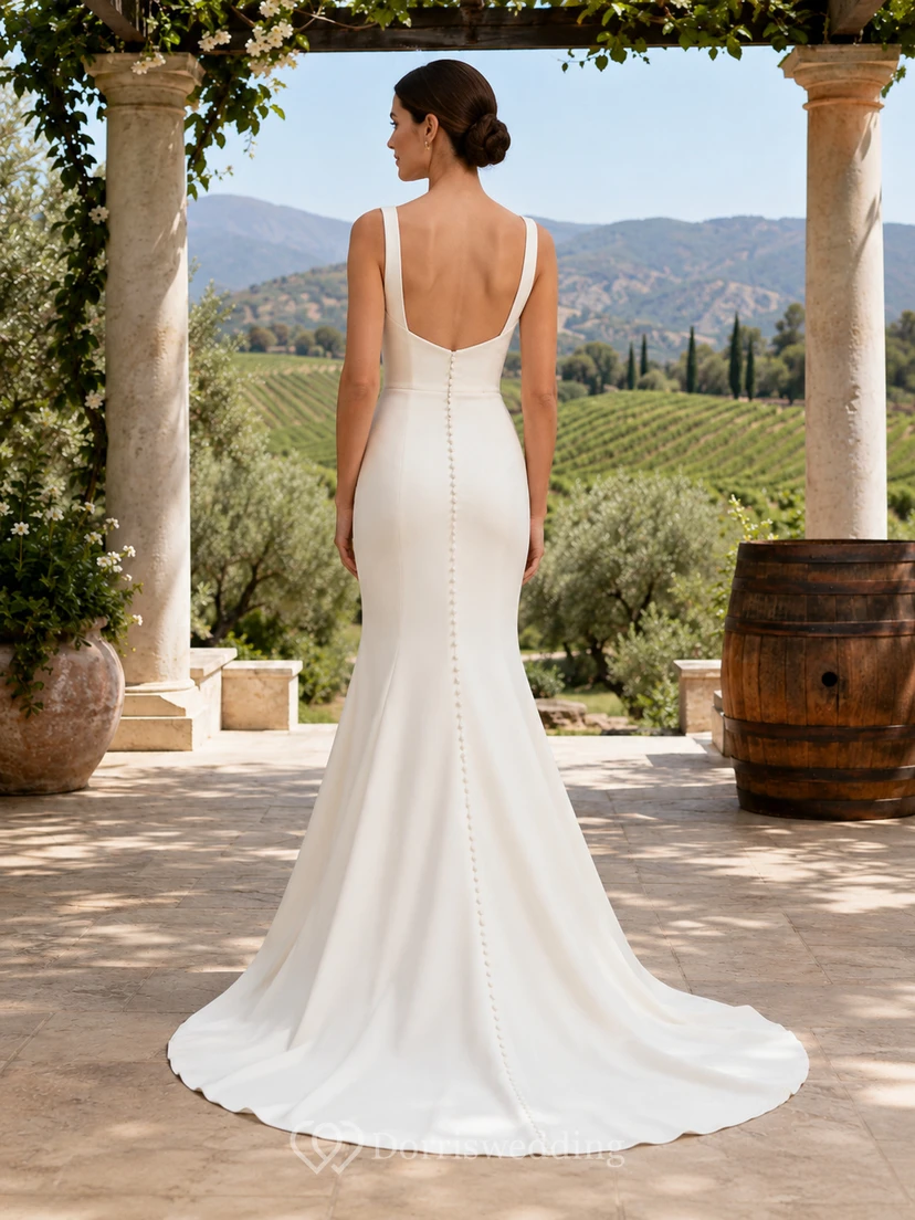 Robe de mariée sirène moderne en crêpe à col carré pour un mariage de destination dans un vignoble view 2