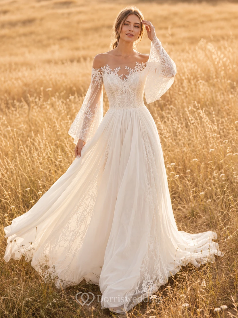 Schulterfreies Brautkleid mit Illusionsspitze und A-Linien-Muster