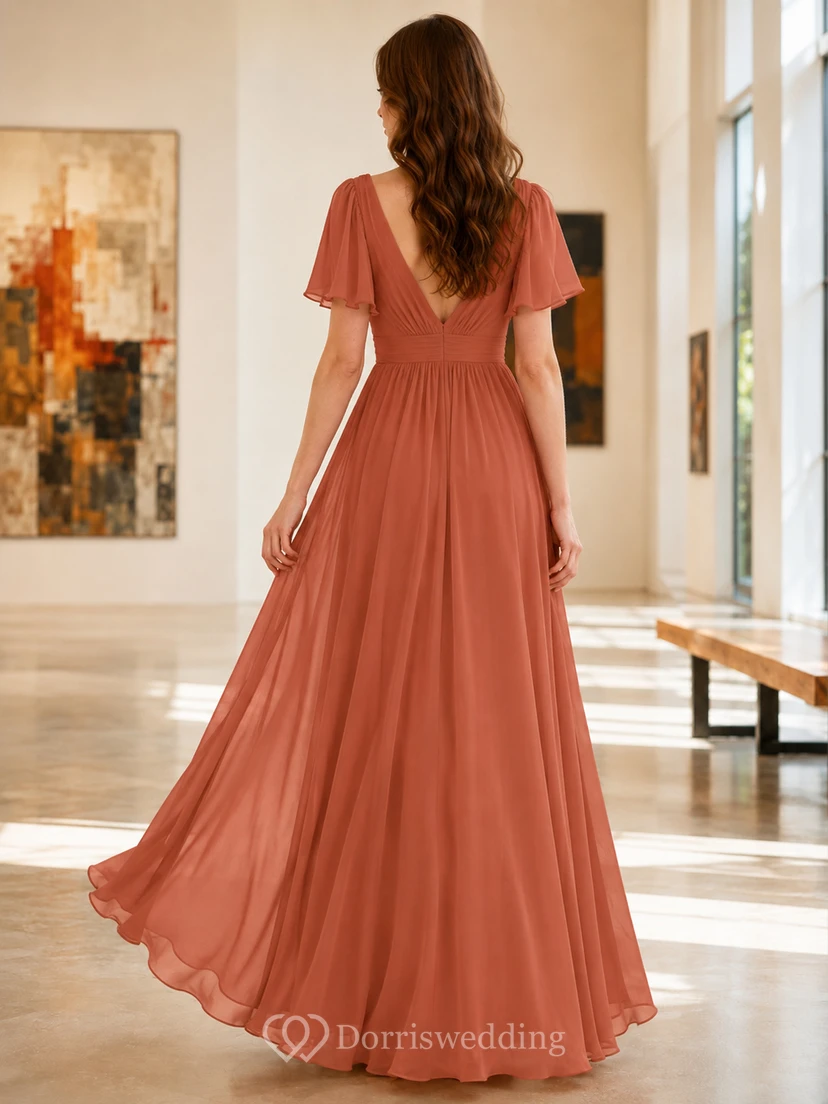 Gallery Formal Papaya Romantic Elegant A-Line Chiffon Bridesmaid Dress with V-Neck Short Sleeve Floor-Length Low Back view 2
