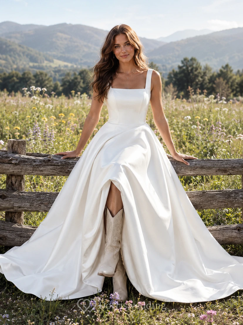 Robe de mariée de maternité à col carré et fines bretelles spaghetti, robe de mariée simple de style champêtre