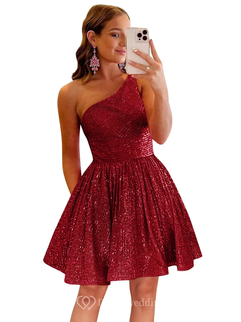 Burgunderfarbenes, einseitig schulterfreies Pailletten-Cocktailkleid view 31