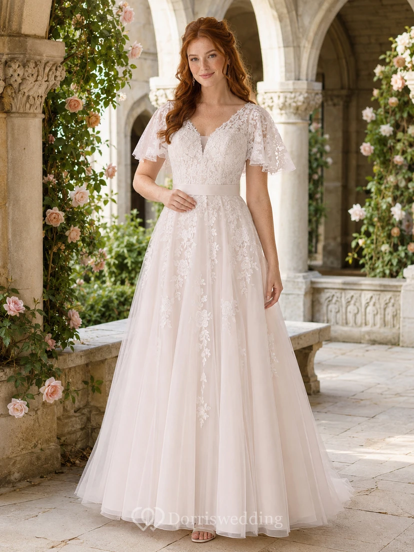 A-Linien-Brautkleid mit V-Ausschnitt, flatternden Ärmeln und Spitze für eine Hochzeit im Innenhof