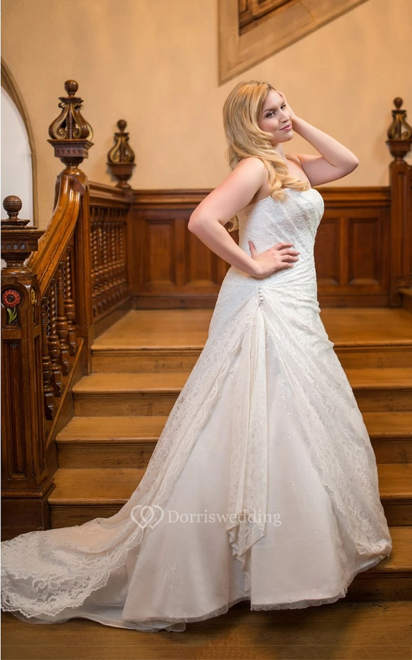 A-Line Floor-Length Sweetheart Sleeveless Lace Court Train Side Draping Dress view 3