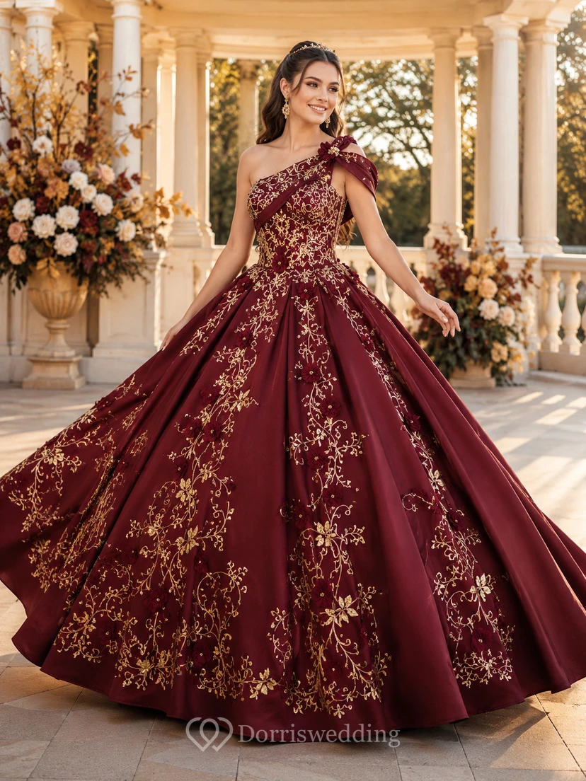 Vestido de quinceañera de satén dorado con estampado floral y un solo hombro, corte princesa, estilo princesa, con cola larga, color borgoña, ideal para otoño.