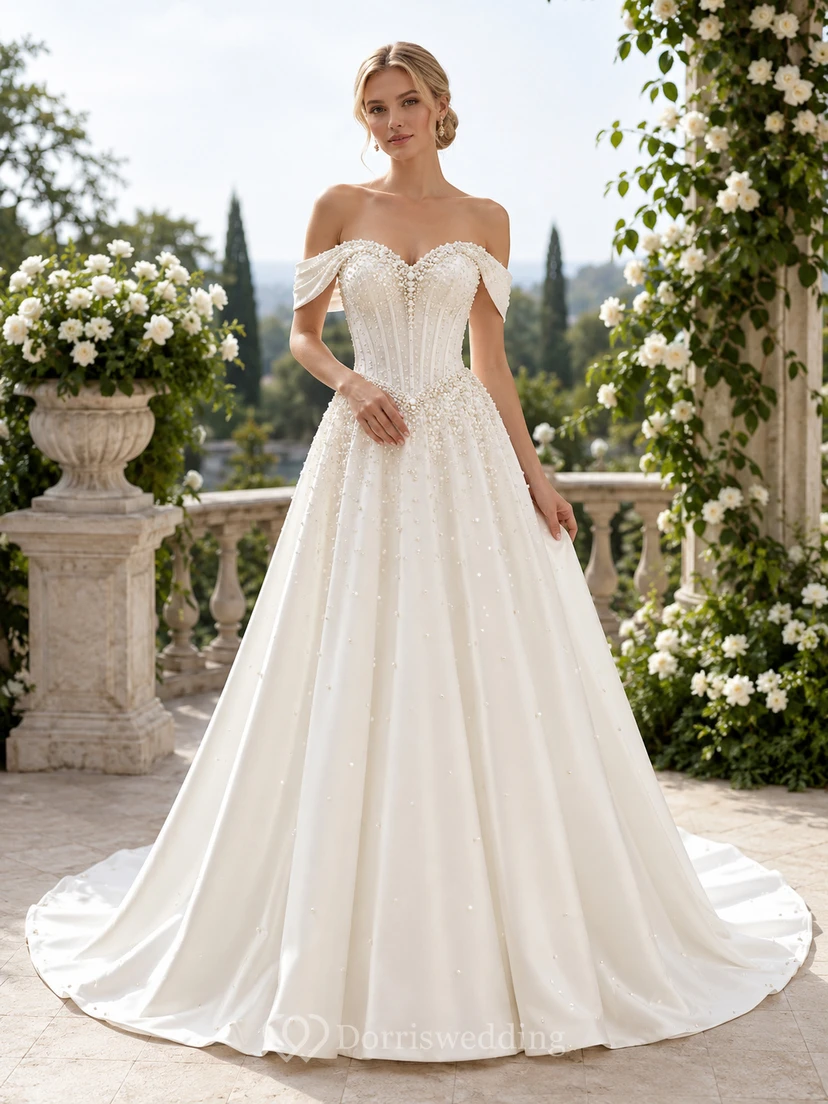 Vestido de novia de satén, corte A, sin hombros, largo hasta el suelo, con escote en V bajo en la espalda.