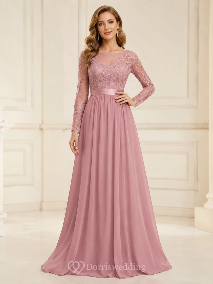 Mauvefarbenes, langärmeliges, A-Linien-Abendkleid aus Spitze mit V-Ausschnitt und V-Ausschnitt, bodenlang, schlicht und elegant